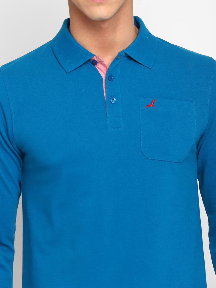 Full Sleeves Polo Collar T-Shirt with Pocket for Men - Mykonos Blue