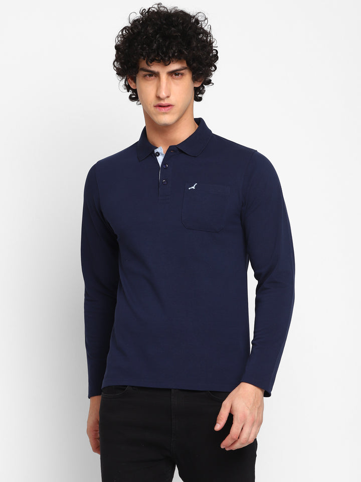 Full Sleeves Polo Collar T-Shirt with Pocket for Men - Navy Blue