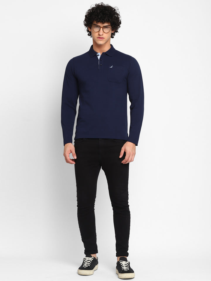 Full Sleeves Polo Collar T-Shirt with Pocket for Men - Navy Blue