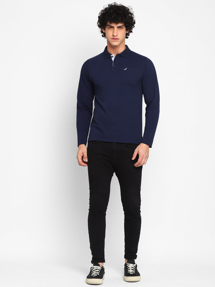 Full Sleeves Polo Collar T-Shirt with Pocket for Men - Navy Blue