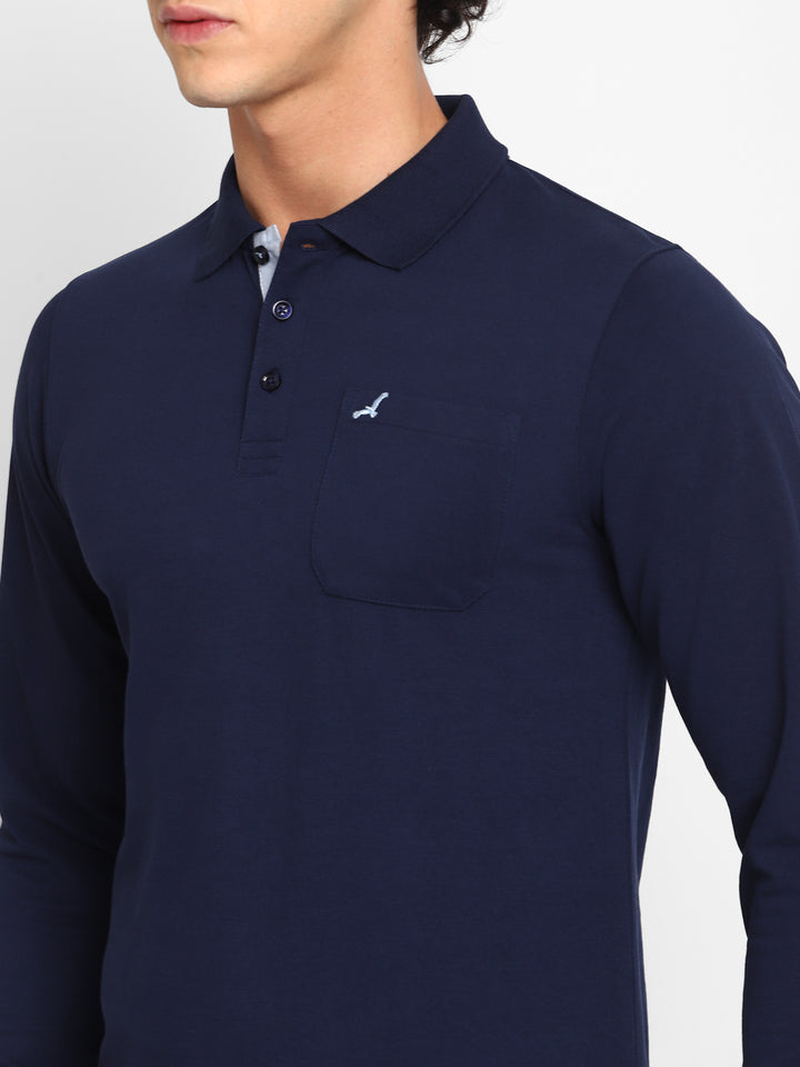 Full Sleeves Polo Collar T-Shirt with Pocket for Men - Navy Blue