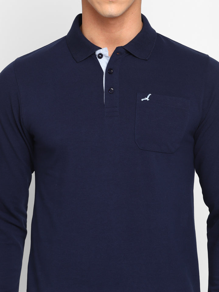 Full Sleeves Polo Collar T-Shirt with Pocket for Men - Navy Blue