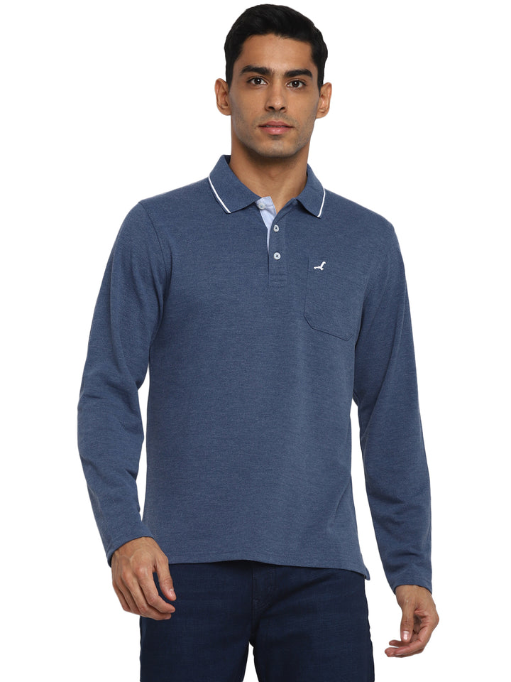 Full Sleeves Polo Collar T-Shirt with Pocket for Men - Blue Melange