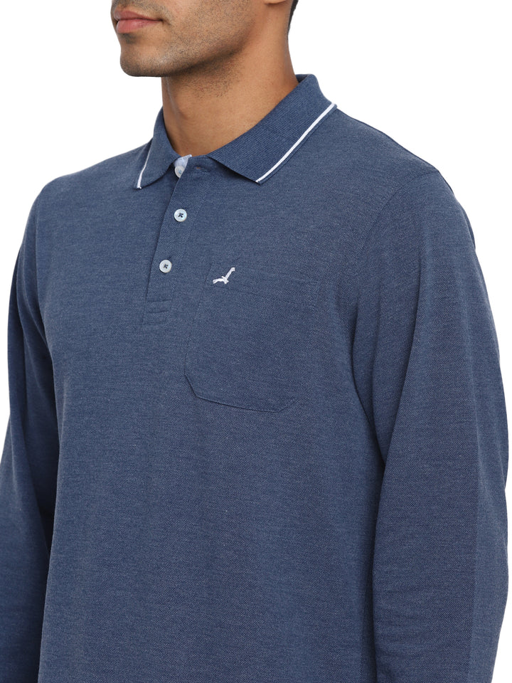 Full Sleeves Polo Collar T-Shirt with Pocket for Men - Blue Melange