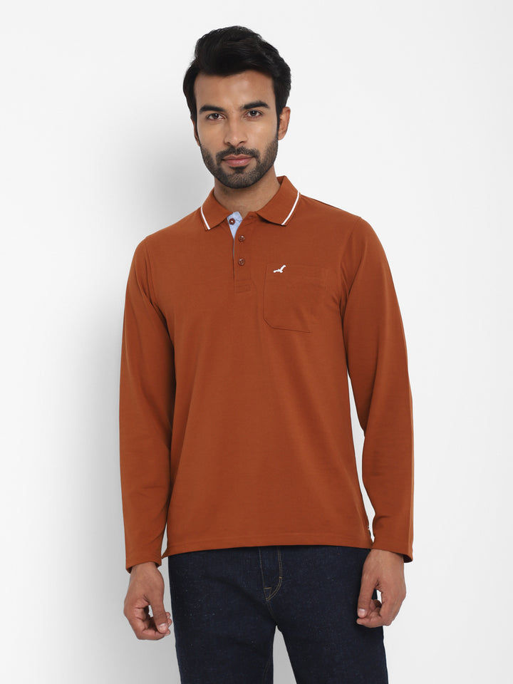 Full Sleeves Polo Collar T-Shirt with Pocket for Men - Caramel Cafe