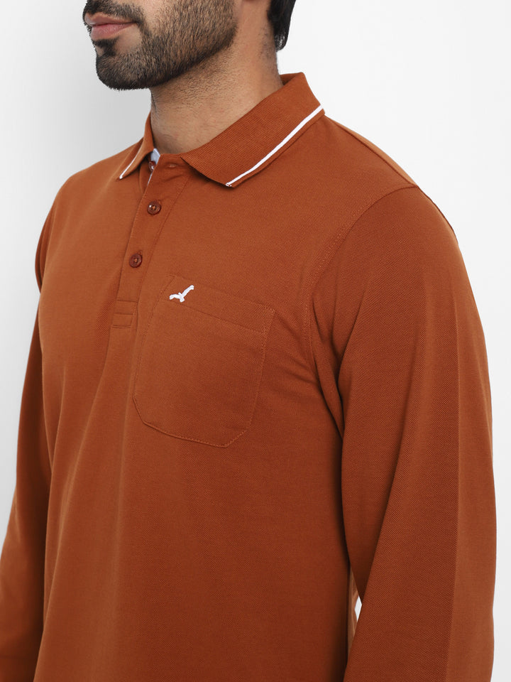 Full Sleeves Polo Collar T-Shirt with Pocket for Men - Caramel Cafe
