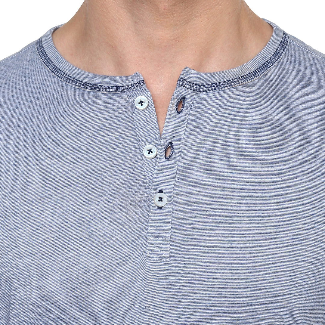 Henley Neck T-Shirt For Men - Blue & White (No Exchange No Refund)