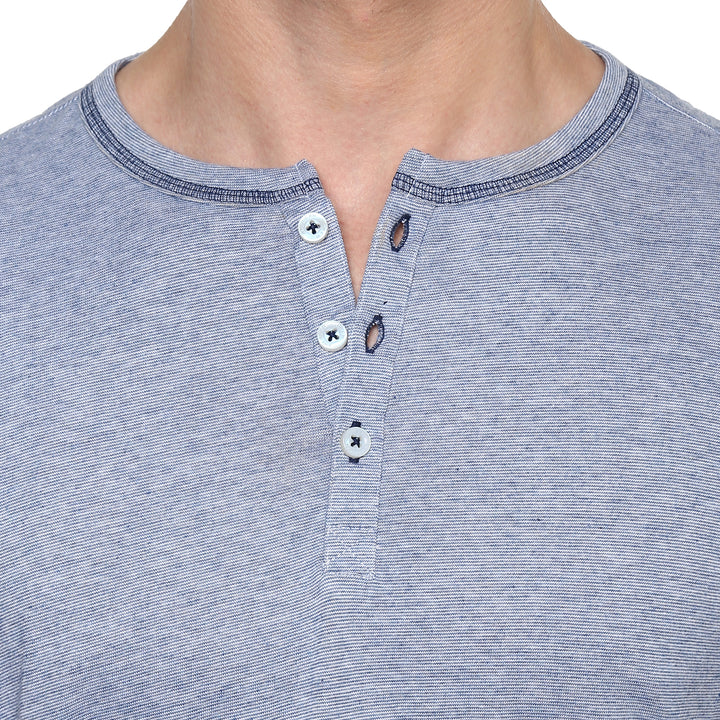 Henley Neck T-Shirt For Men - Blue & White (No Exchange No Refund)