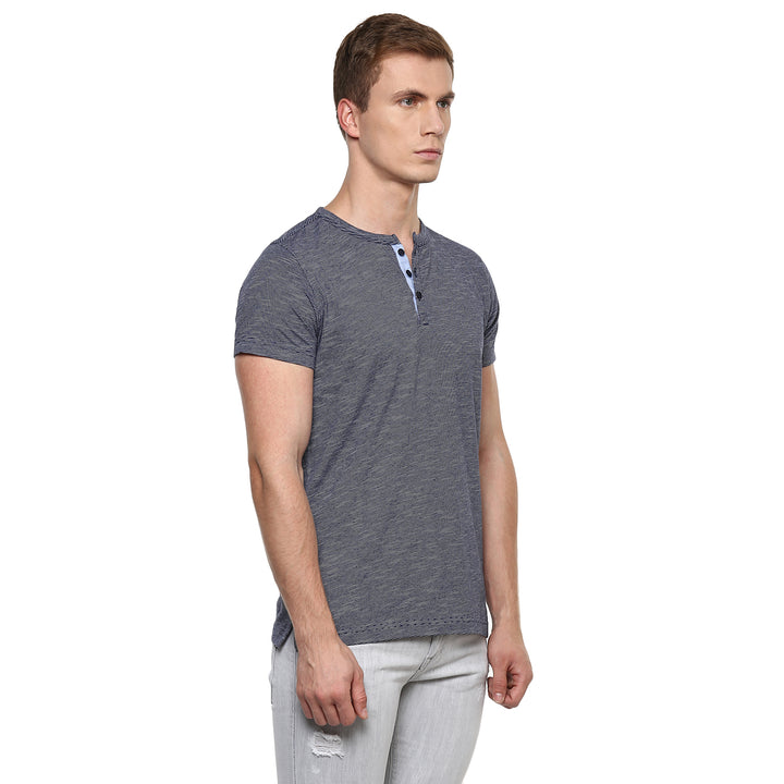 Henley Neck T-Shirt For Men - Navy & White (No Exchange No Refund)