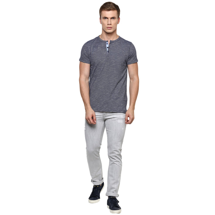 Henley Neck T-Shirt For Men - Navy & White (No Exchange No Refund)