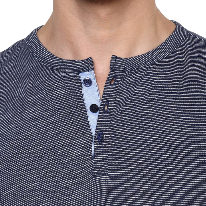 Henley Neck T-Shirt For Men - Navy & White (No Exchange No Refund)