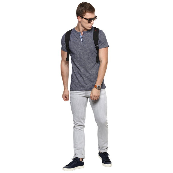 Henley Neck T-Shirt For Men - Navy & White (No Exchange No Refund)