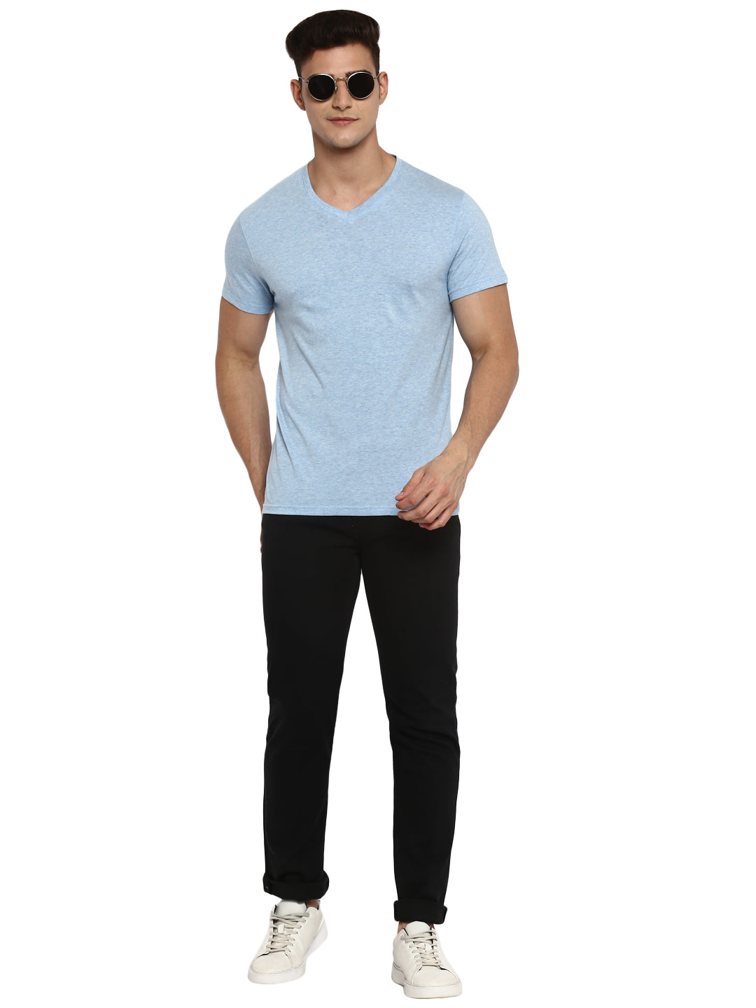 100% Cotton V-Neck T-Shirt for Men -Sky Blue Slub (NO EXCHANGE NO RETURN)