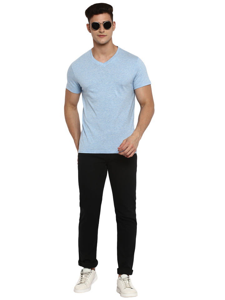 100% Cotton V-Neck T-Shirt for Men -Sky Blue Slub (NO EXCHANGE NO RETURN)