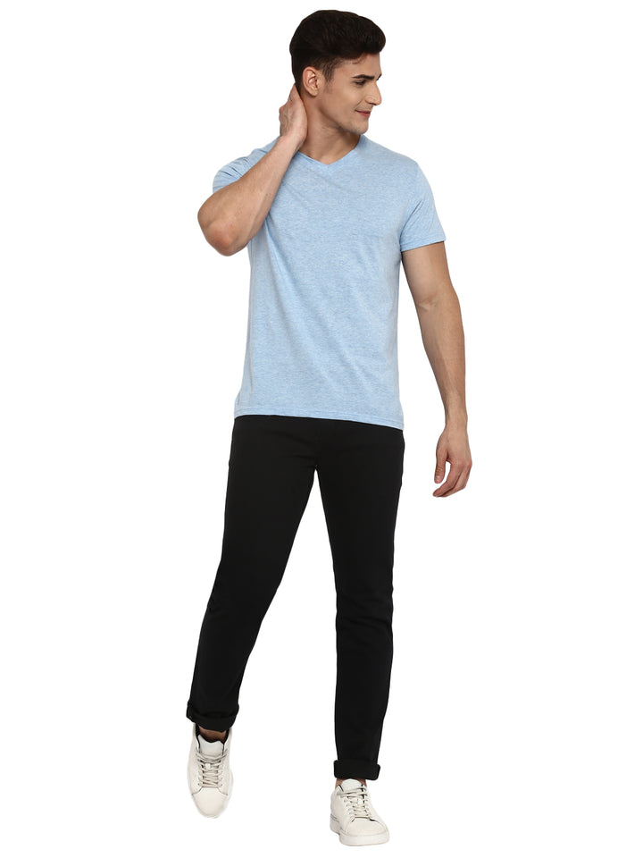100% Cotton V-Neck T-Shirt for Men -Sky Blue Slub (NO EXCHANGE NO RETURN)