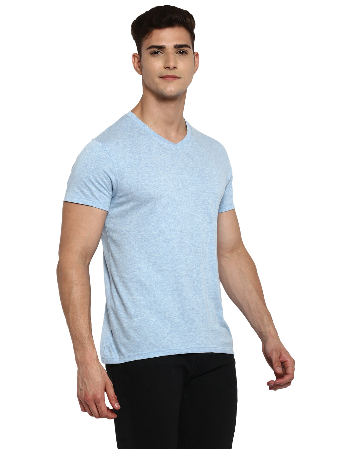 100% Cotton V-Neck T-Shirt for Men -Sky Blue Slub (NO EXCHANGE NO RETURN)