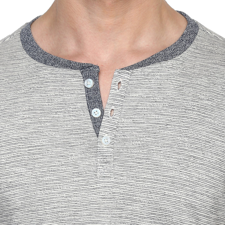 Henley Neck T-Shirt For Men - Off White & Black (No Exchange No Return)
