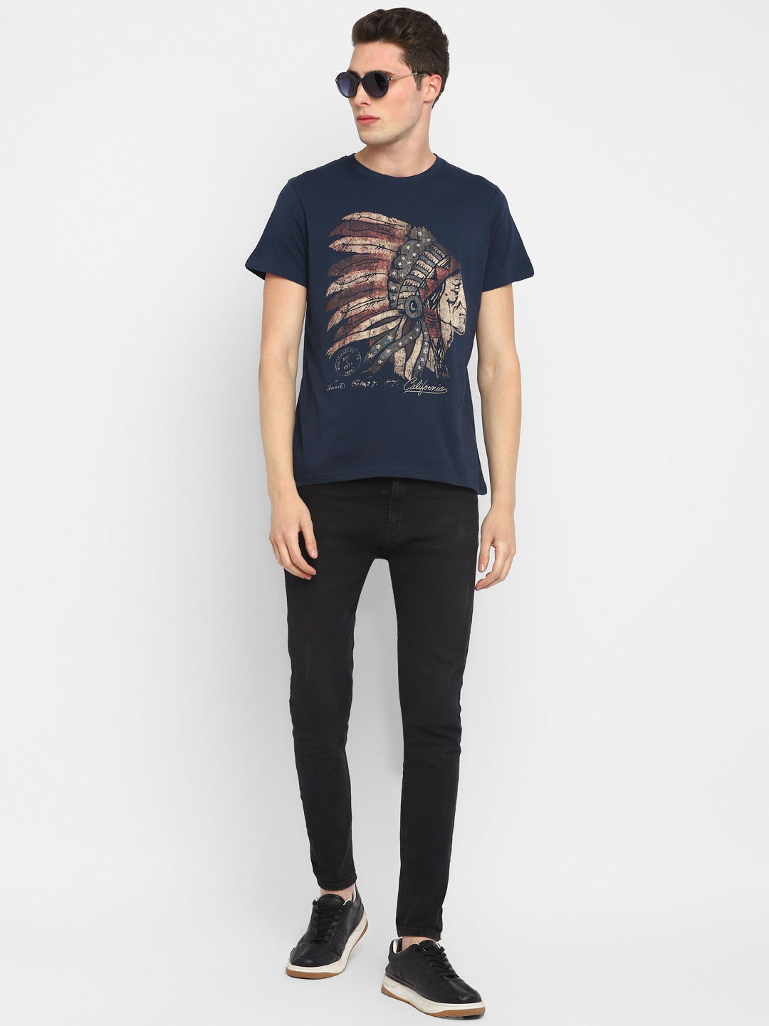 100% Cotton Printed Round Neck T-Shirt for Men - Navy
