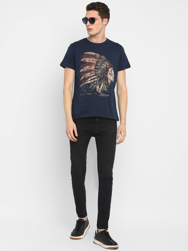 100% Cotton Printed Round Neck T-Shirt for Men - Navy
