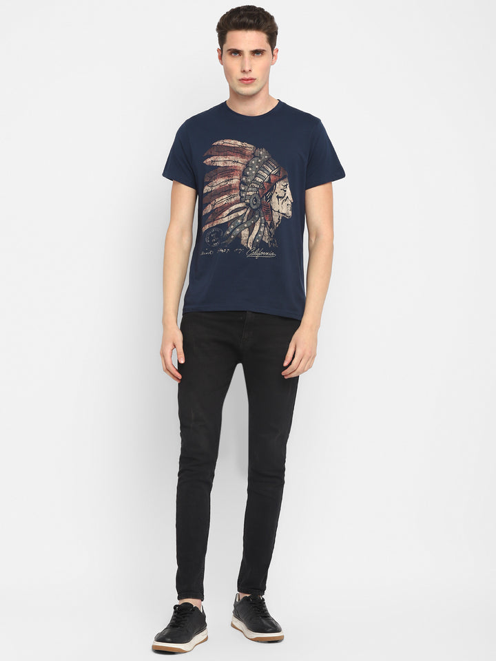 100% Cotton Printed Round Neck T-Shirt for Men - Navy