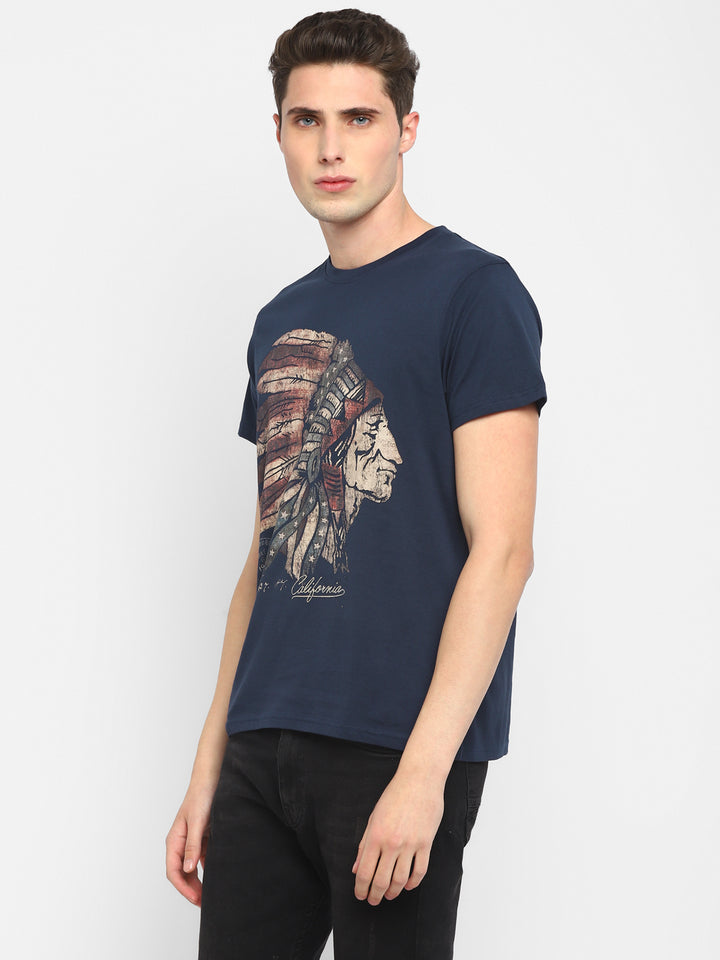 100% Cotton Printed Round Neck T-Shirt for Men - Navy