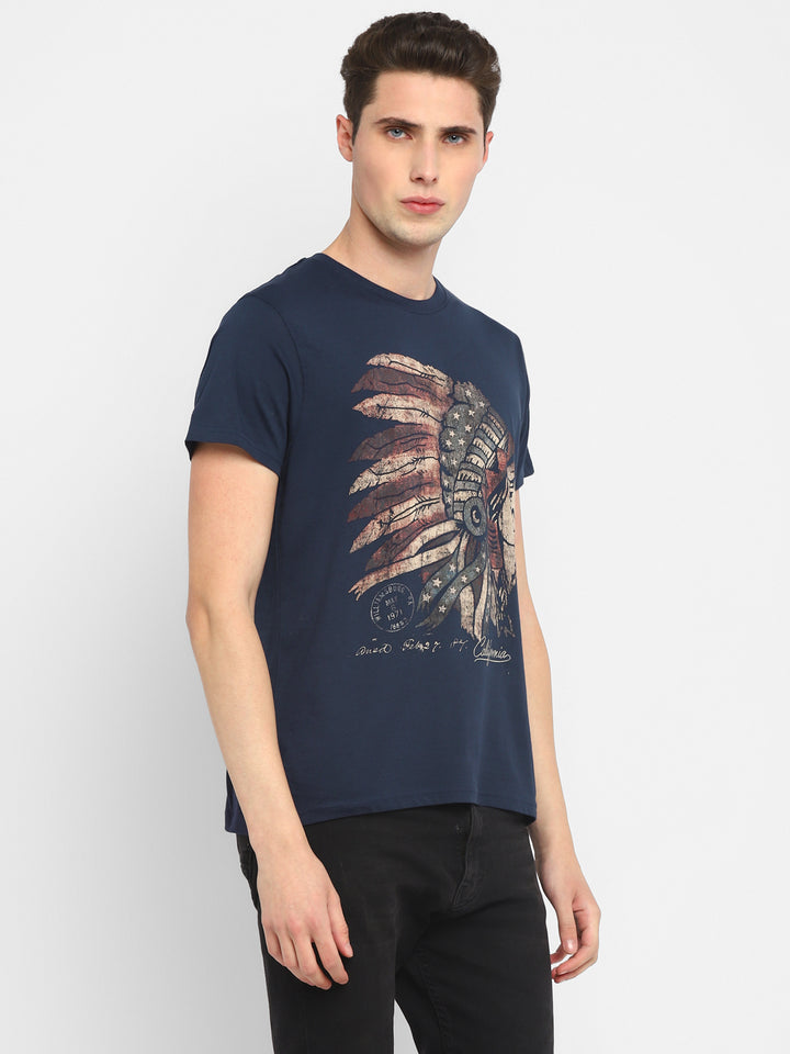 100% Cotton Printed Round Neck T-Shirt for Men - Navy
