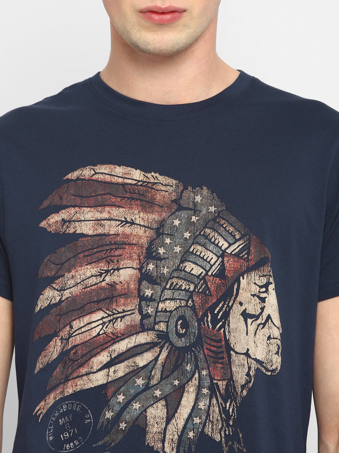 100% Cotton Printed Round Neck T-Shirt for Men - Navy