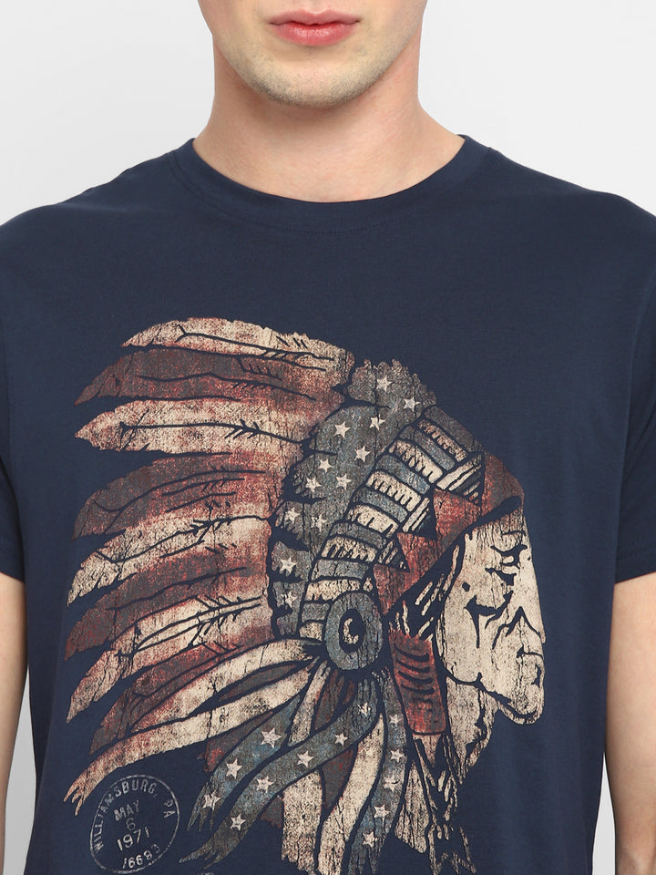 100% Cotton Printed Round Neck T-Shirt for Men - Navy