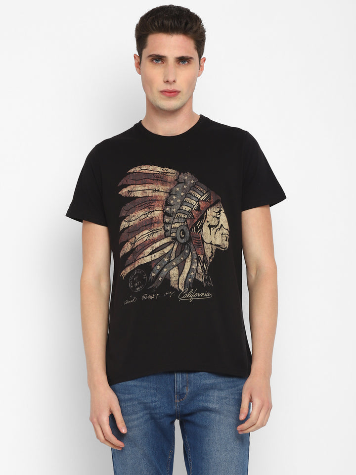 100% Cotton Printed Round Neck T-Shirt for Men - Black