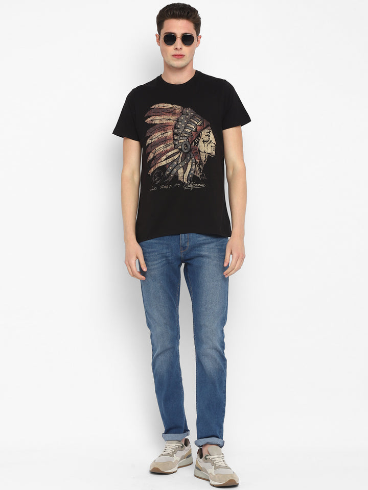 100% Cotton Printed Round Neck T-Shirt for Men - Black