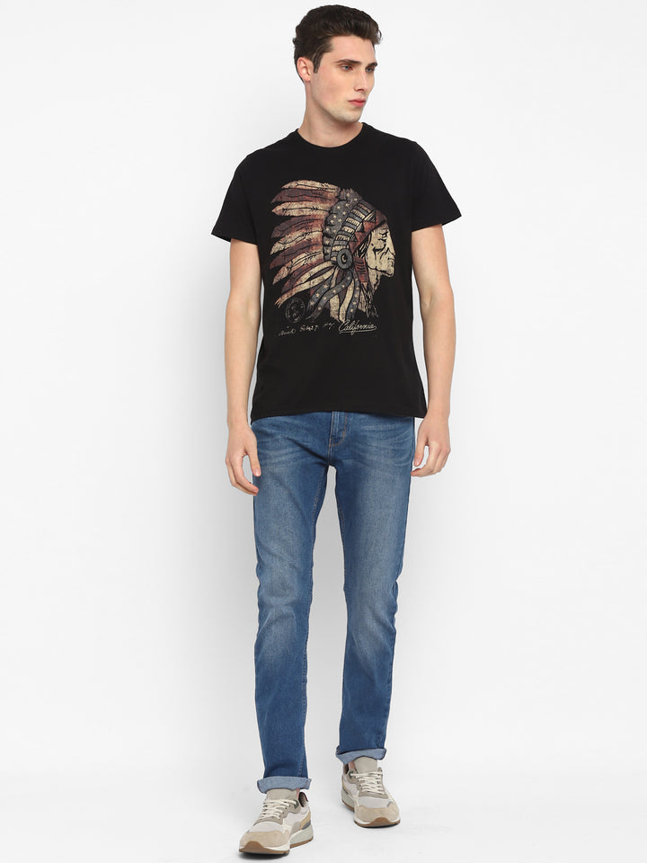 100% Cotton Printed Round Neck T-Shirt for Men - Black