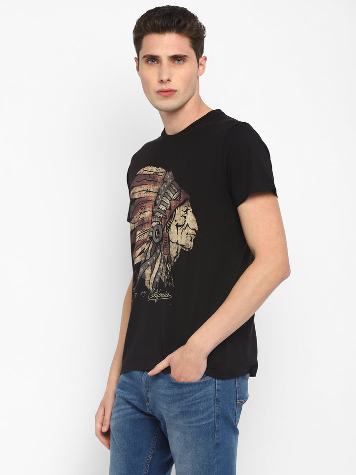 100% Cotton Printed Round Neck T-Shirt for Men - Black