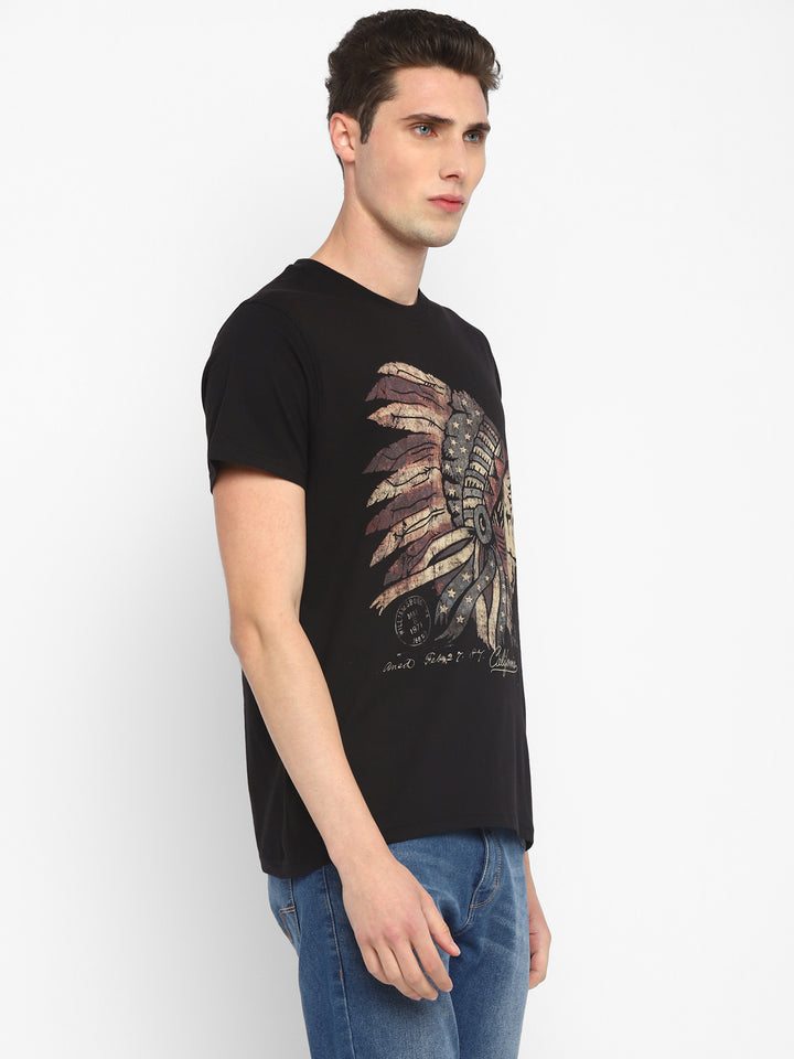 100% Cotton Printed Round Neck T-Shirt for Men - Black