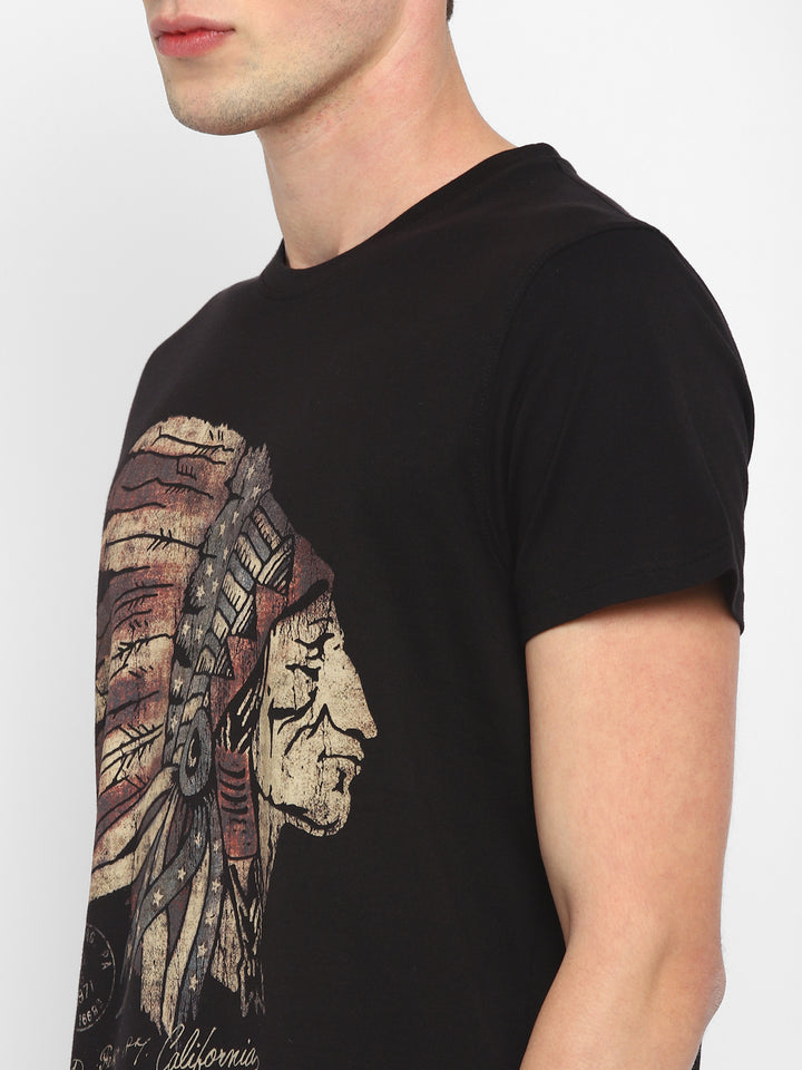 100% Cotton Printed Round Neck T-Shirt for Men - Black