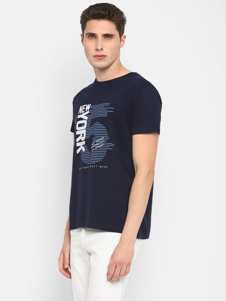 100% Cotton Printed Round Neck T-Shirt for Men - Navy