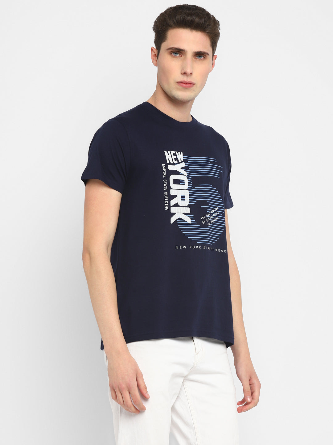 100% Cotton Printed Round Neck T-Shirt for Men - Navy