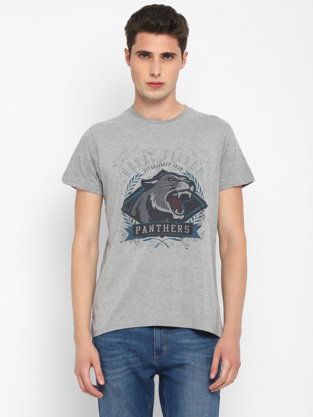 Printed Round Neck T-Shirt for Men - Grey Melange