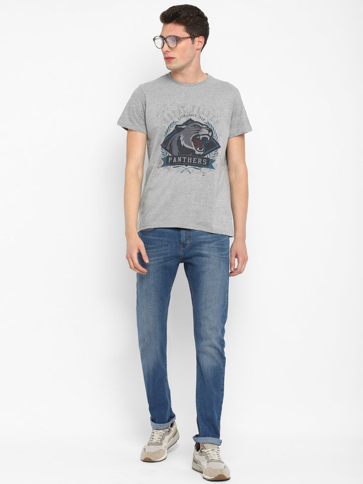 Printed Round Neck T-Shirt for Men - Grey Melange