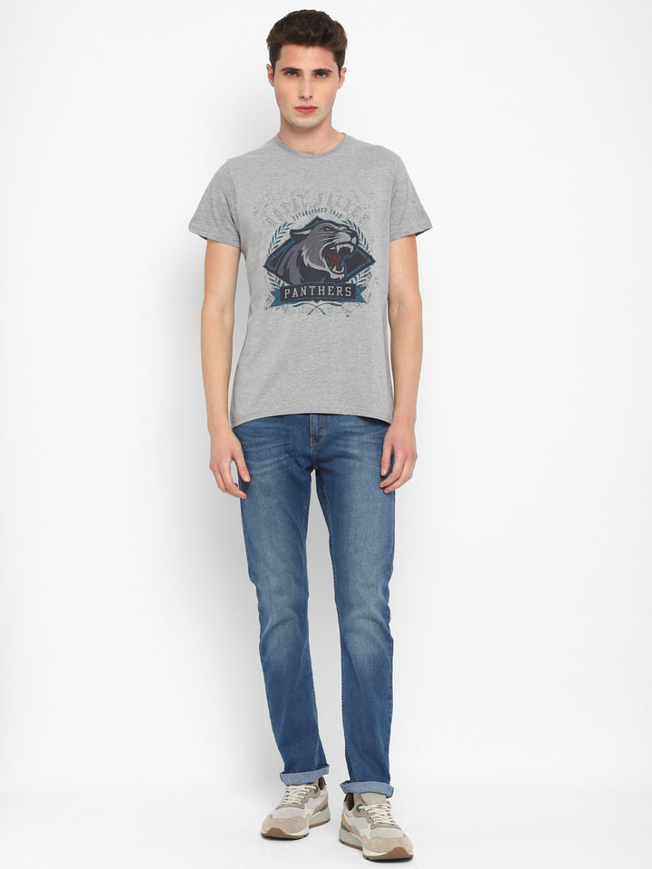 Printed Round Neck T-Shirt for Men - Grey Melange