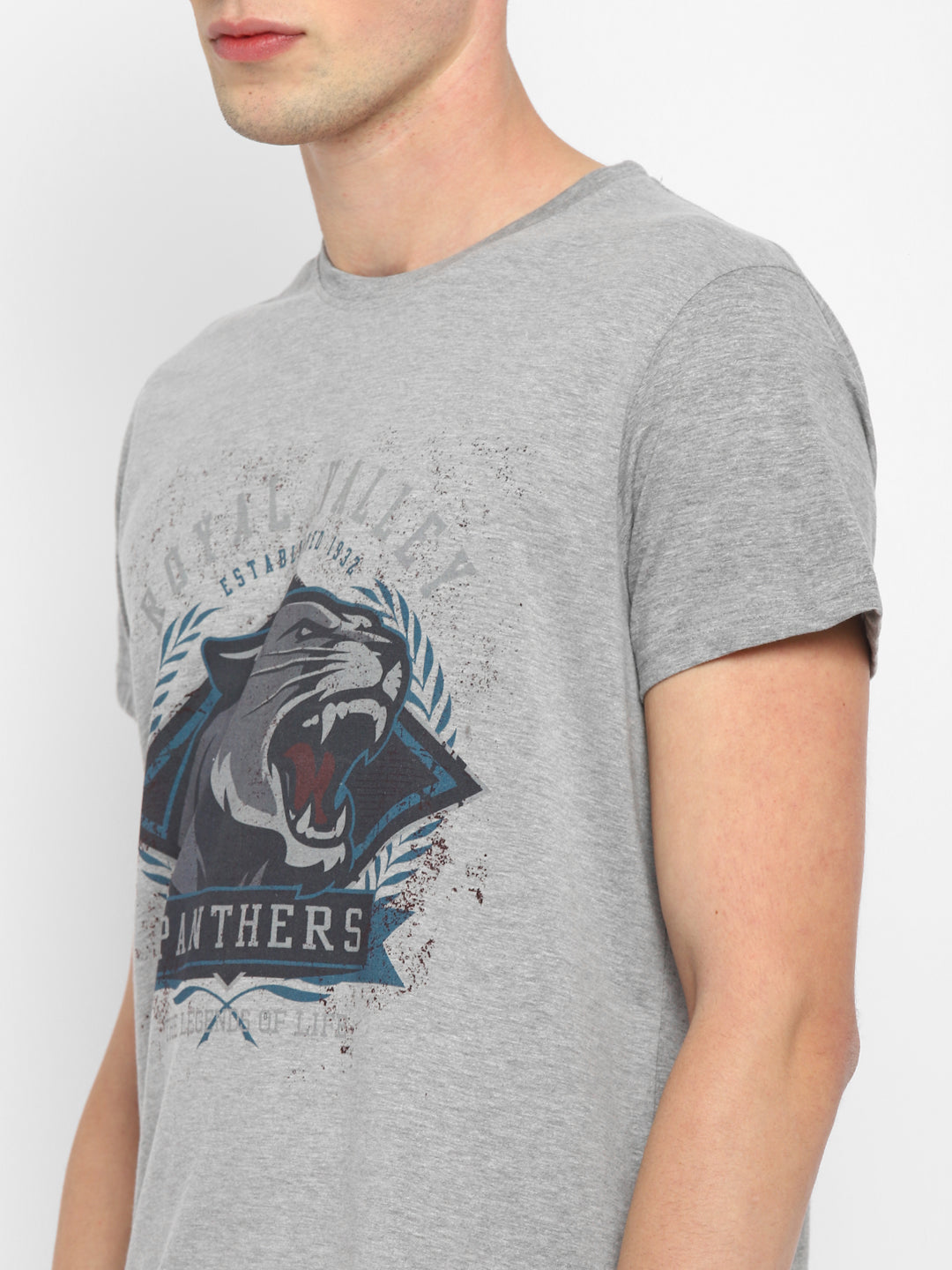 Printed Round Neck T-Shirt for Men - Grey Melange