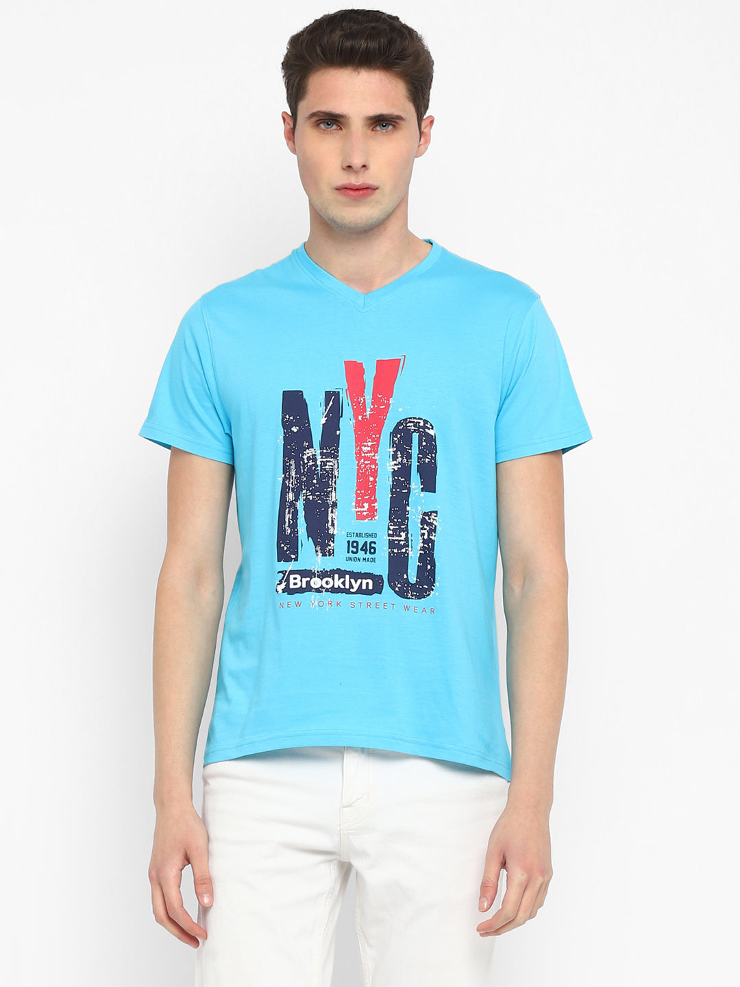Printed V Neck T-Shirt for Men - Aqua Blue