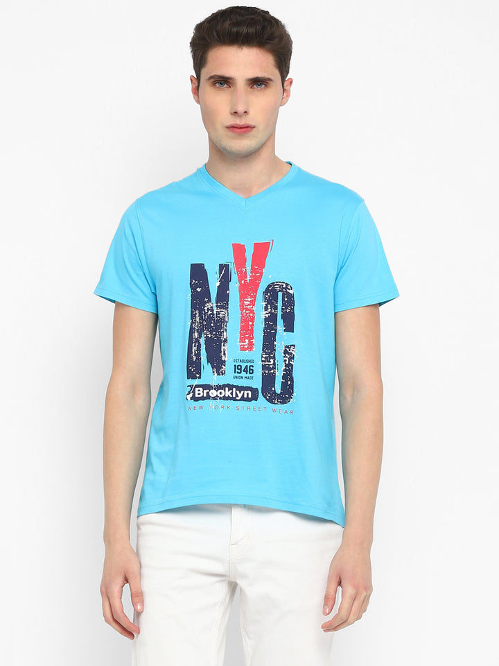 Printed V Neck T-Shirt for Men - Aqua Blue