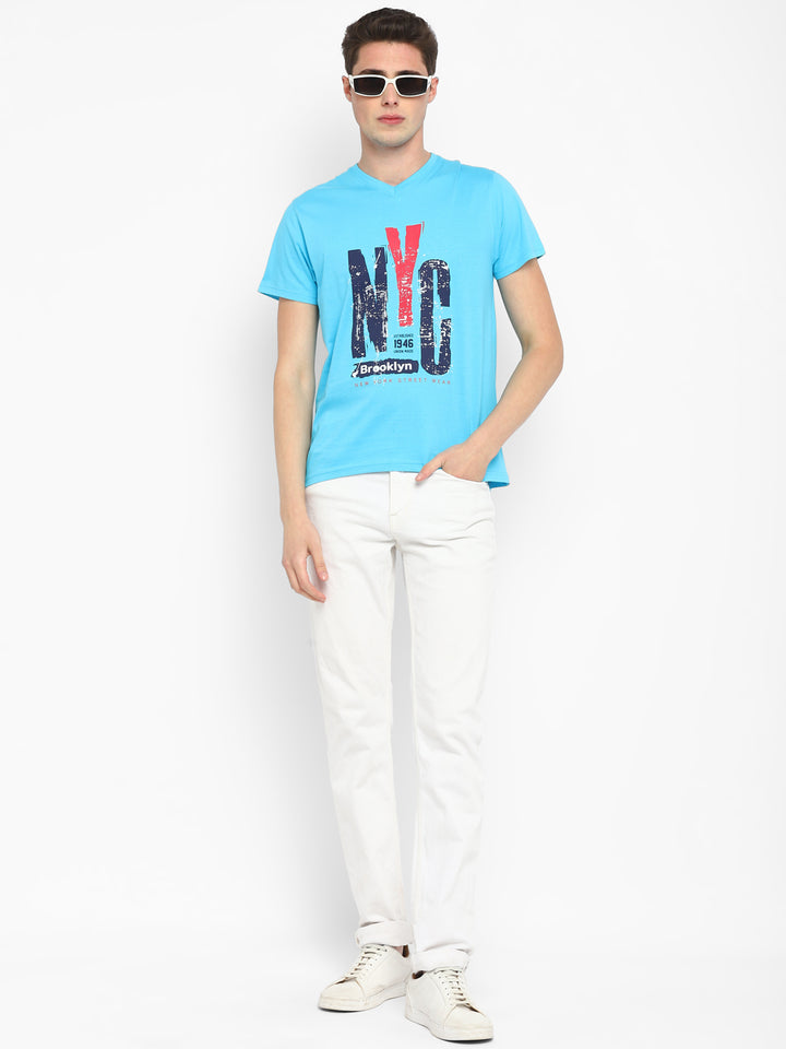 Printed V Neck T-Shirt for Men - Aqua Blue