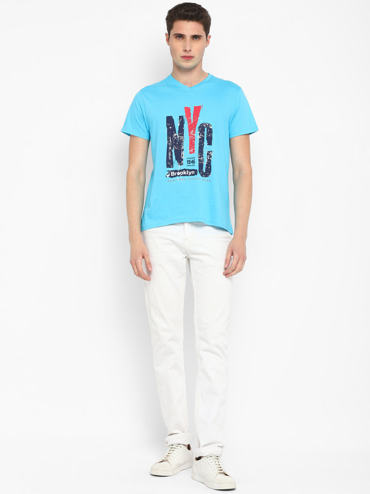 Printed V Neck T-Shirt for Men - Aqua Blue