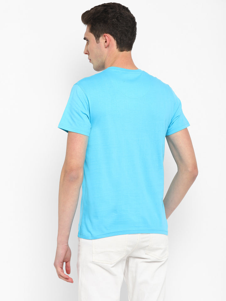 Printed V Neck T-Shirt for Men - Aqua Blue