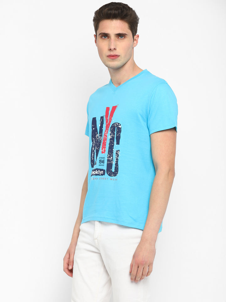 Printed V Neck T-Shirt for Men - Aqua Blue