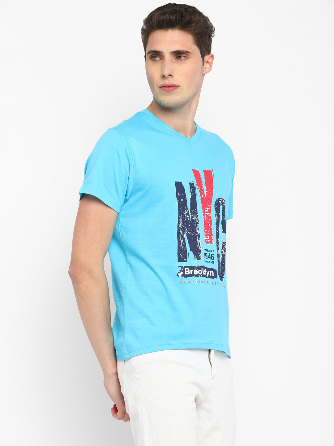 Printed V Neck T-Shirt for Men - Aqua Blue