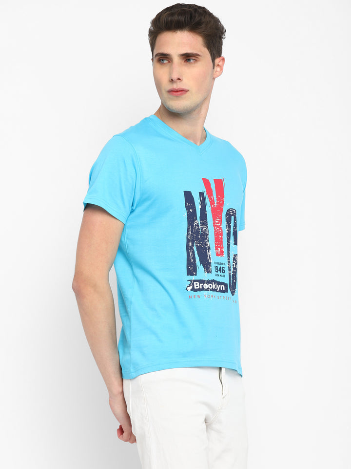 Printed V Neck T-Shirt for Men - Aqua Blue