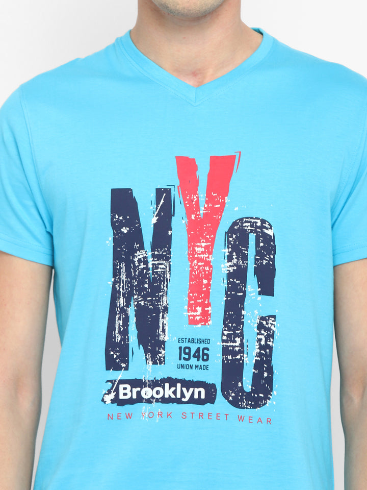Printed V Neck T-Shirt for Men - Aqua Blue