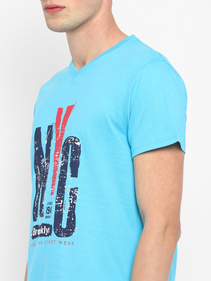 Printed V Neck T-Shirt for Men - Aqua Blue
